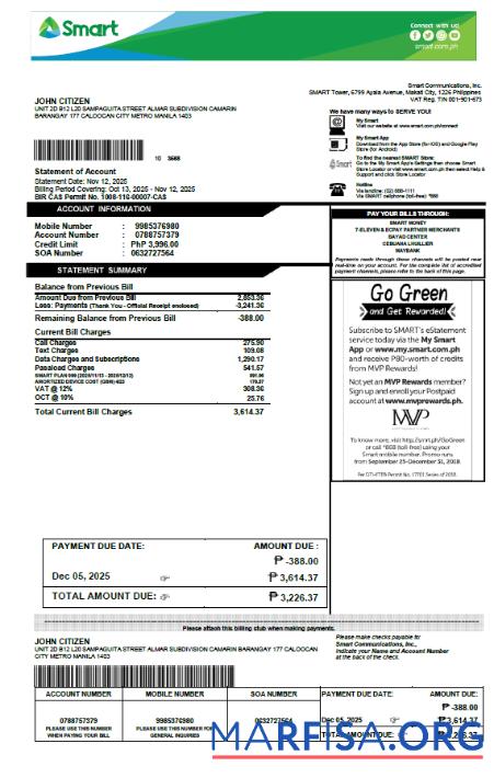 Printable Philippines Smart utility bill template in Word and PDF formats, version 2